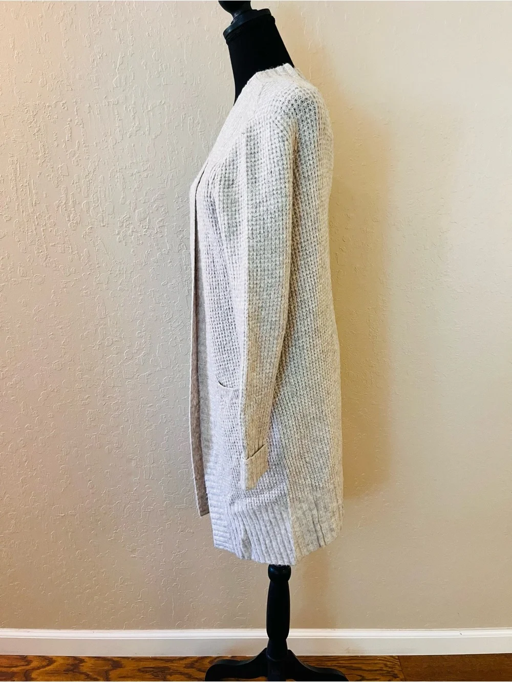 Open-Front Long Cream Knit Cardigan Sweater